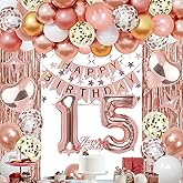 NANINUNENO 15th Rose Gold Birthday Party Decorations for Girls, Rose Gold Happy Birthday Banner, Fringe Curtains, Heart Foil Balloons, Confetti Balloons, Cake Topper for 15th Birthday Decorations