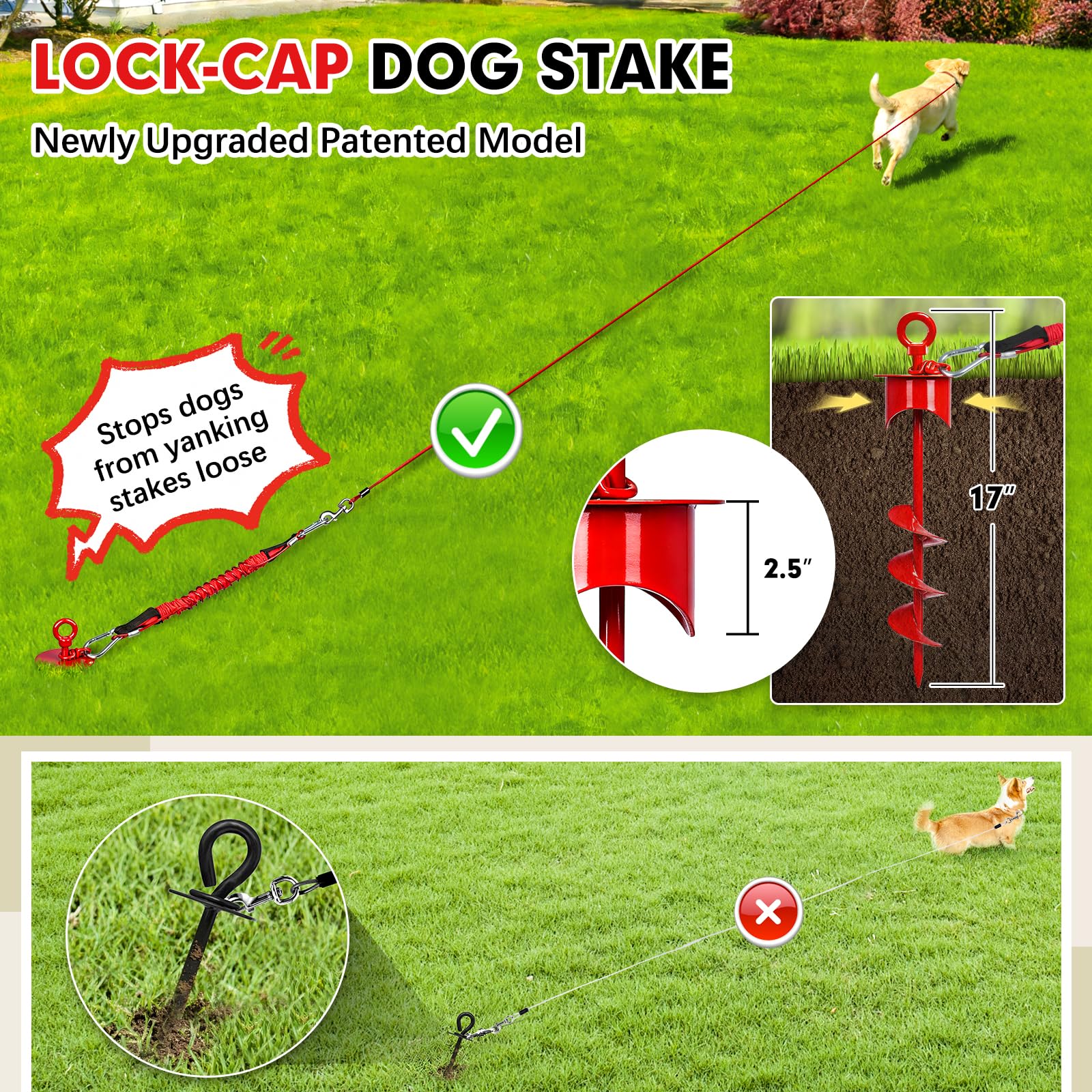 Condition photo showing New/Like New for snagle paw dog tie out cable and stake with lock-cap,heavy duty 20ft dog yard leash & stake with sho