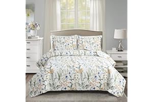 Ycosy Floral Quilt Sets Full/Queen Size Reversible Countryside Bedspread Coverlets Lightweight Flower Quilts Green Leaves Bed Covers for All Season,1 Quilt +2 Pillow Shams