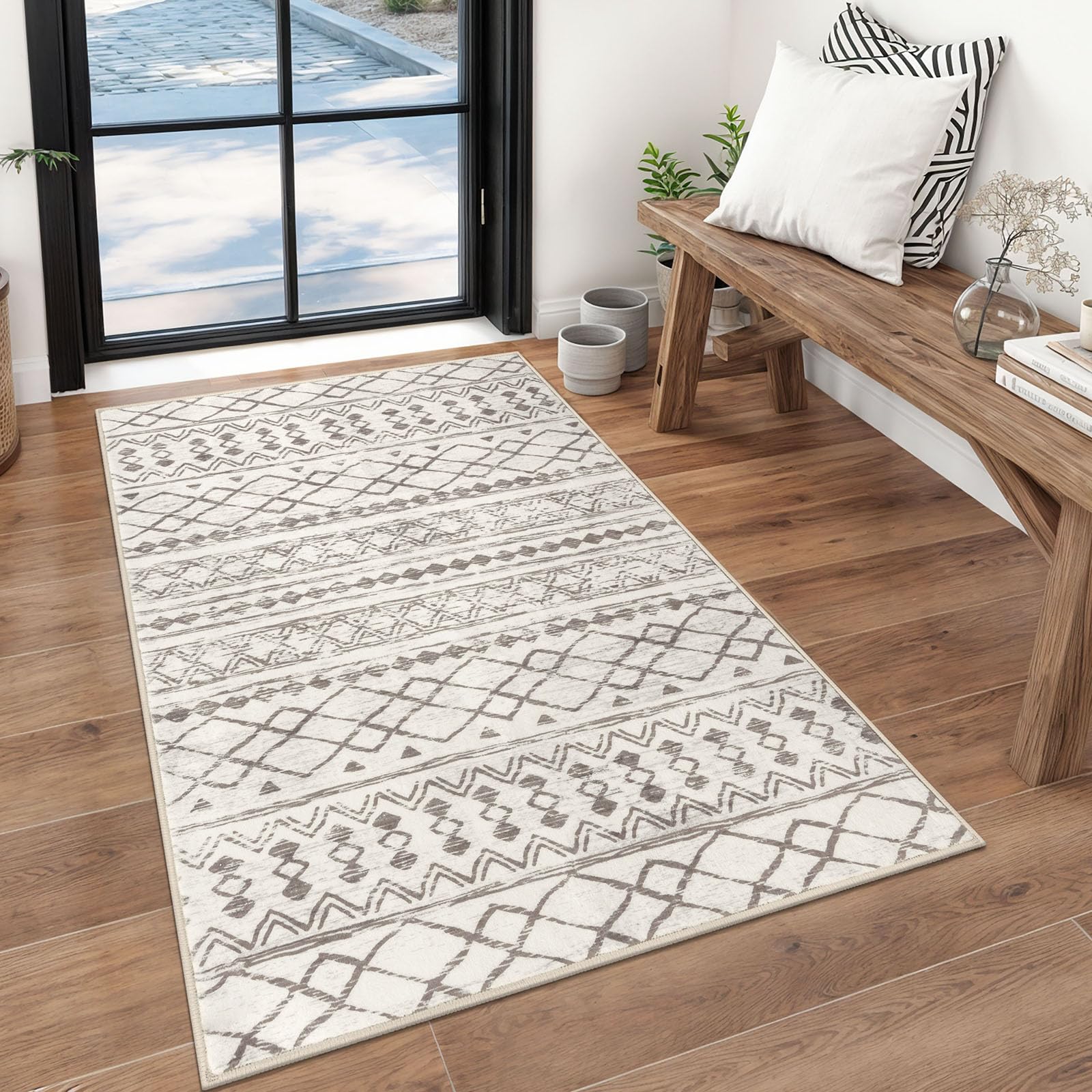 Photo 1 of KUTA 3x5 Beige Boho Area Rug for Living Room, Moroccan Washable Kitchen Rugs Non Slip, Ultra Soft Print Distressed Geometric Low-Pile Entry Throw Carpet for Bedroom Nursery Dorm Decor