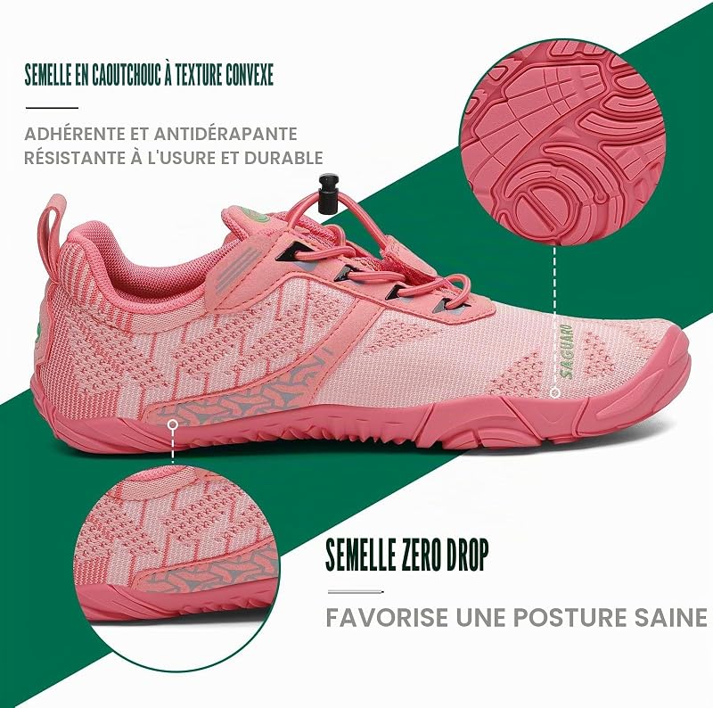 Chaussures Minimaliste Homme Barefoot Shoes Femme Chaussures Pieds Nus Respirant Barefoot Chaussure Trail Antidérapantes Chaussure Randonnée pour Semelle Zero Drop Rose Foncé,GR.42