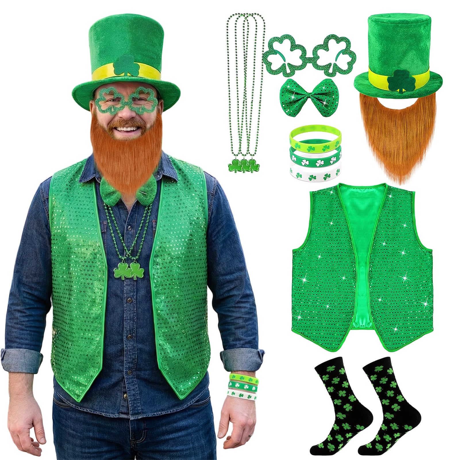 Maryparty St. Patricks Day Accessories Costume Set Irish Goblin Hat Vest Fake Beard Socks Accessories for St. Patrick's Day Party (Style-2, L)