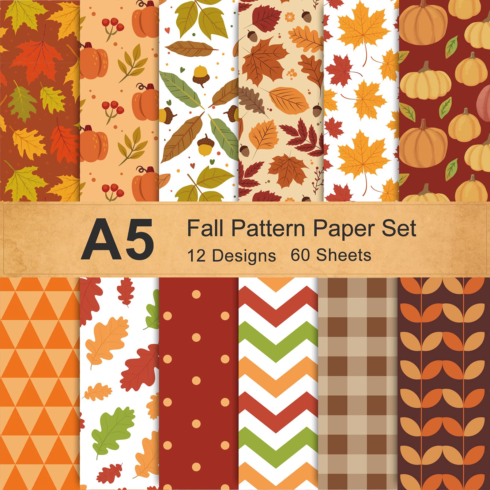Whaline 12 Designs Autumn Pattern Paper Pack A5 Size Fall Leaves Pumpkin Plaid Waves Craft Paper 60 Sheet Red Brown Double-Sided Origami Paper for Autumn Harvest Thanksgiving Card Making Scrapbook