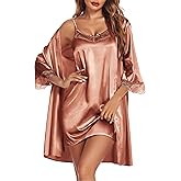 Ekouaer Sleepwear Women's Satin Nightgown with Robes Set 2 Piece Sexy Lace Cami Nightwear