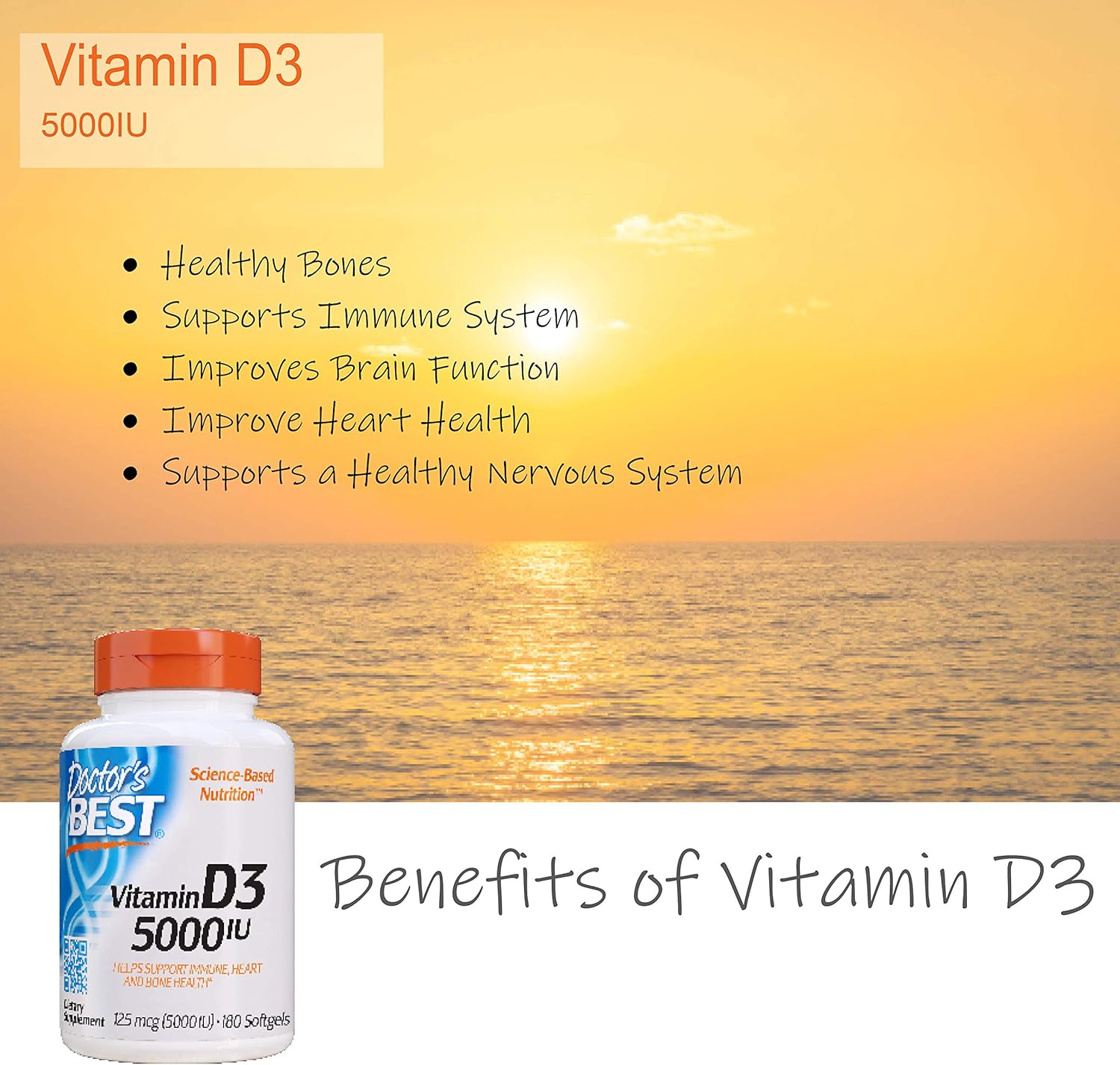 Doctor's Best Vitamin D3 5000IU, Non-GMO, Gluten Free, Soy Free, Regulates Immune Function, Supports Healthy Bones, 180 Count (Pack of 1): Health & Personal Care