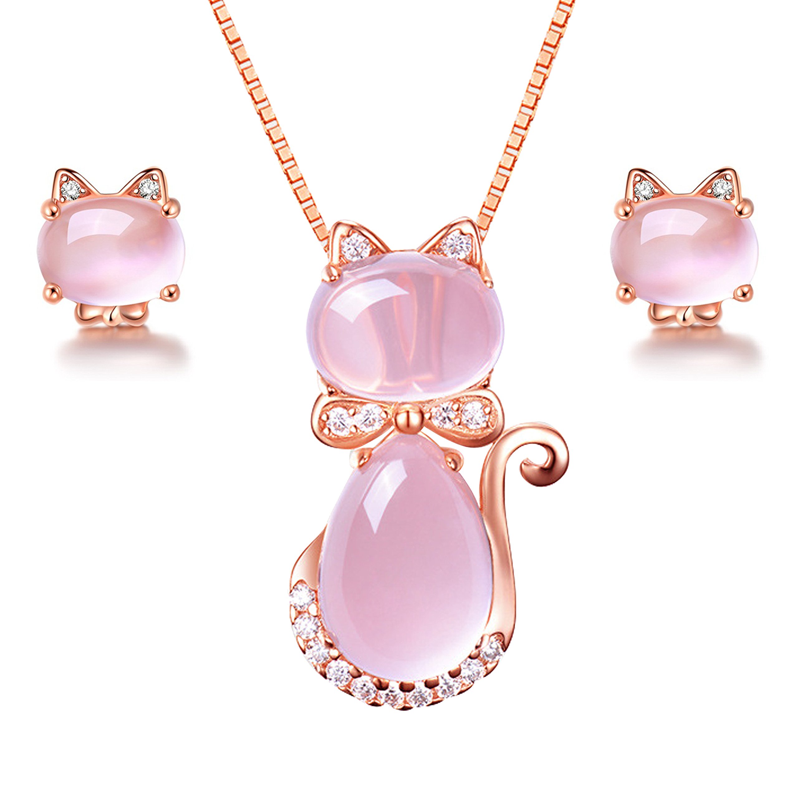 Uloveido Cute Cat Shape Necklace and Earrings Jewellery Set for Girls Birthday Gift, Fashion Cat Studs Earrings Pendant Necklace Set for Women (Cat Set-Pink)