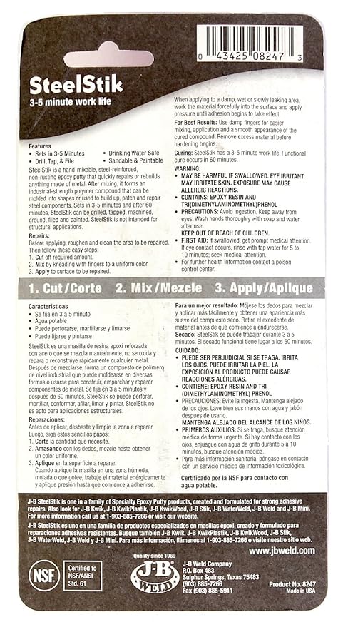 Amazon.com: J-B Weld SteelStik Steel Reinforced Epoxy Putty Stick, 2 oz, 3-Pack: Home Improvement