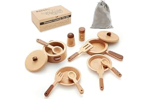 WHOHOLL Wooden Toys Play Kitchen Accessories, Montessori Toys for 1 2 3 4 5 + Years Old Toddlers, Toy Kitchen Play Dishes & Play Food Playset, Birthday Sets for Kids Girls Boys