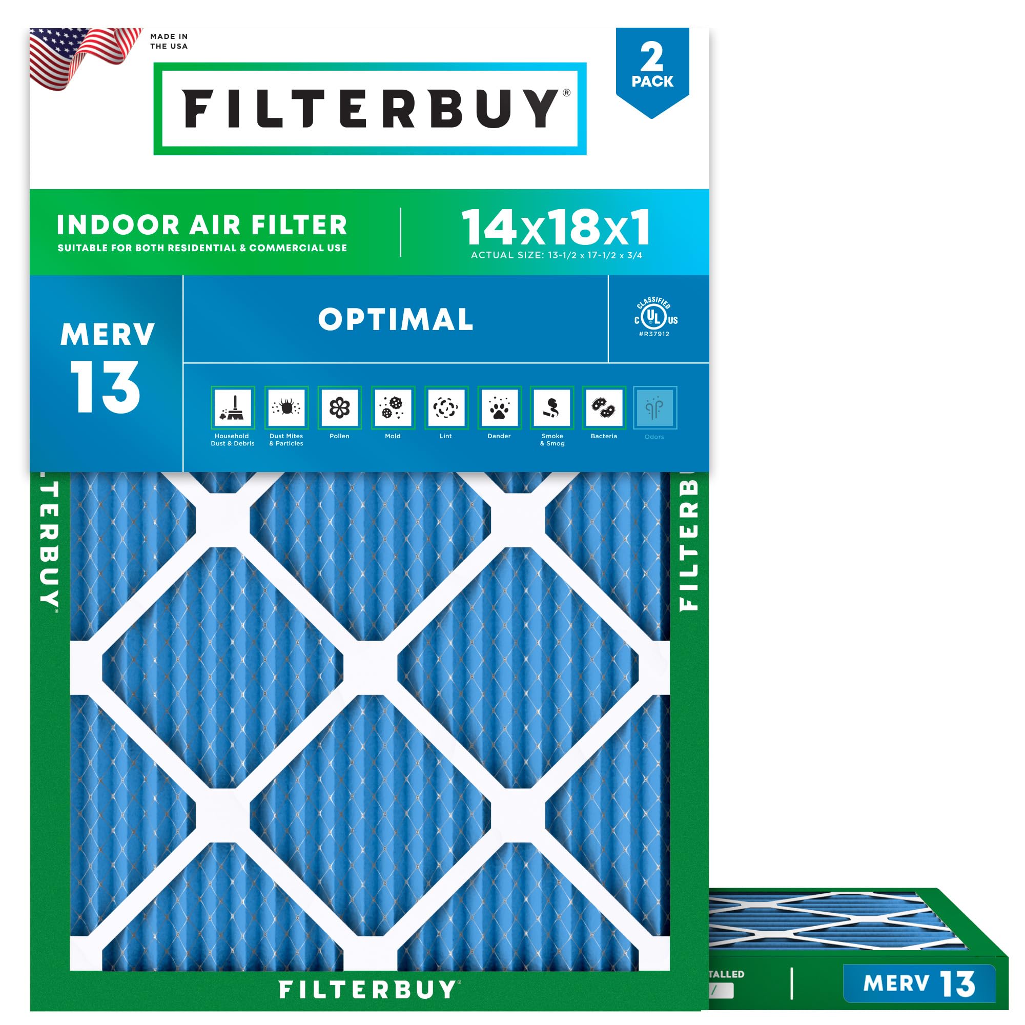 Filterbuy 14x18x1 Air Filter MERV 13 Optimal Smoke & Allergy Defense (2-Pack), Electrostatic Pleated HVAC AC Furnace Filters Replacement (Actual Size: 13.50 x 17.50 x 0.75)
