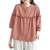 Lingjiazi Women's Plaid 3/4 Sleeve Button Down Shirts Gingham Checkered Crew Neck Tunic Tops Blouses (1218-Red-XXL)