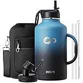 64oz Water Bottle Insulated with Straw & 2 Lids, INSPI Double Wall Vacuum Stainless Steel Metal Large Jug with Handle, Wide Mouth Flask Mug with Carry Pouch, Keep Cold Hot for Travel, Indigo Black