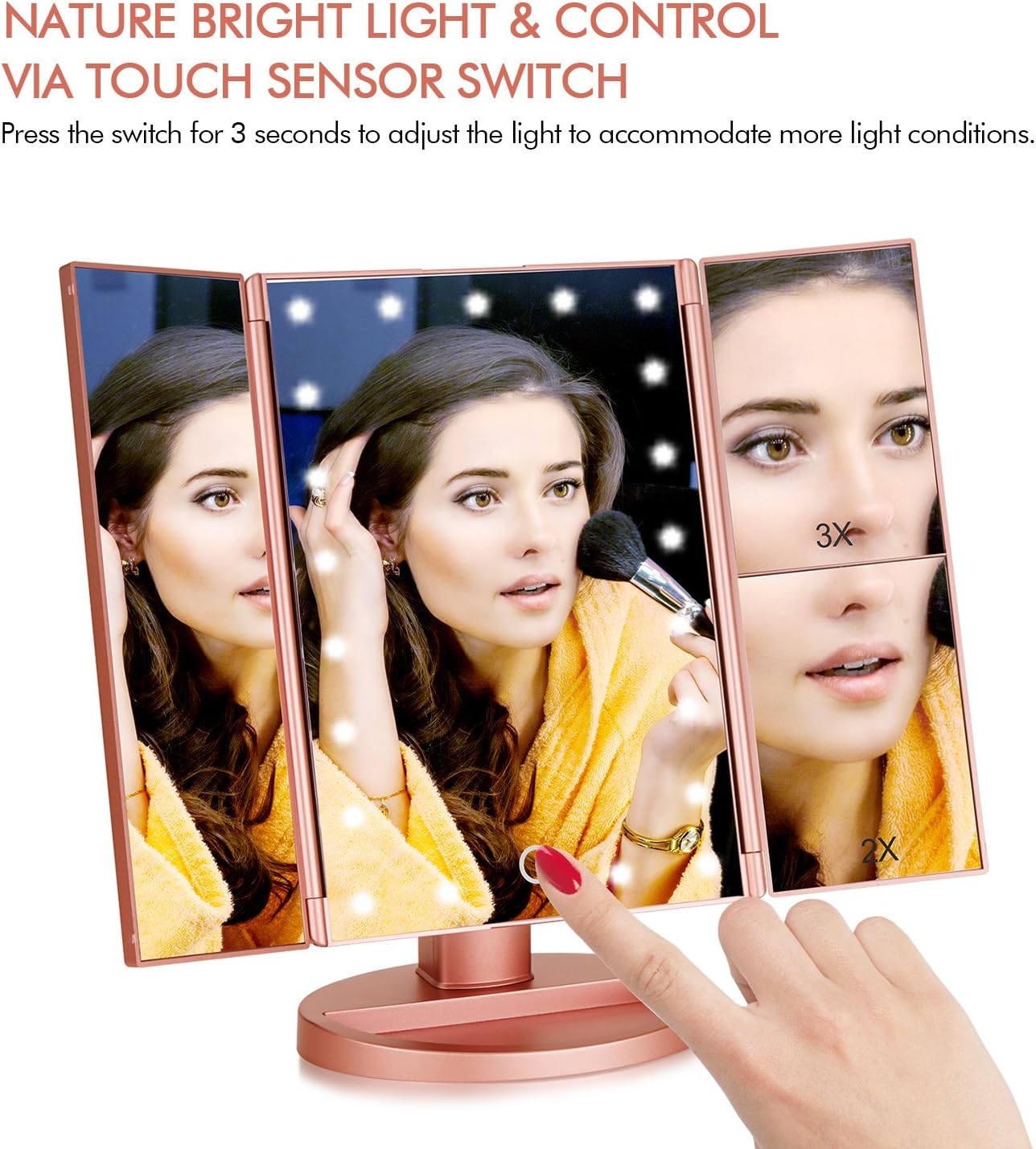 Flymiro Tri-fold Lighted Vanity Makeup Mirror with 3x/2x Magnification,21 LEDs Light and Touch Screen,180 Degree Free Rotation Countertop Cosmetic Mirror,Travel Makeup Mirror (Rose Gold): Home & Kitchen