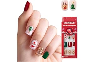 KISS imPRESS Holiday Press On Nails, ‘The Magic’, Red, Short Squoval, 3D Effect, Improved Super Hold Adhesive, 30 Fake Nails, Prep Pad, Mini Nail File, & Manicure Stick