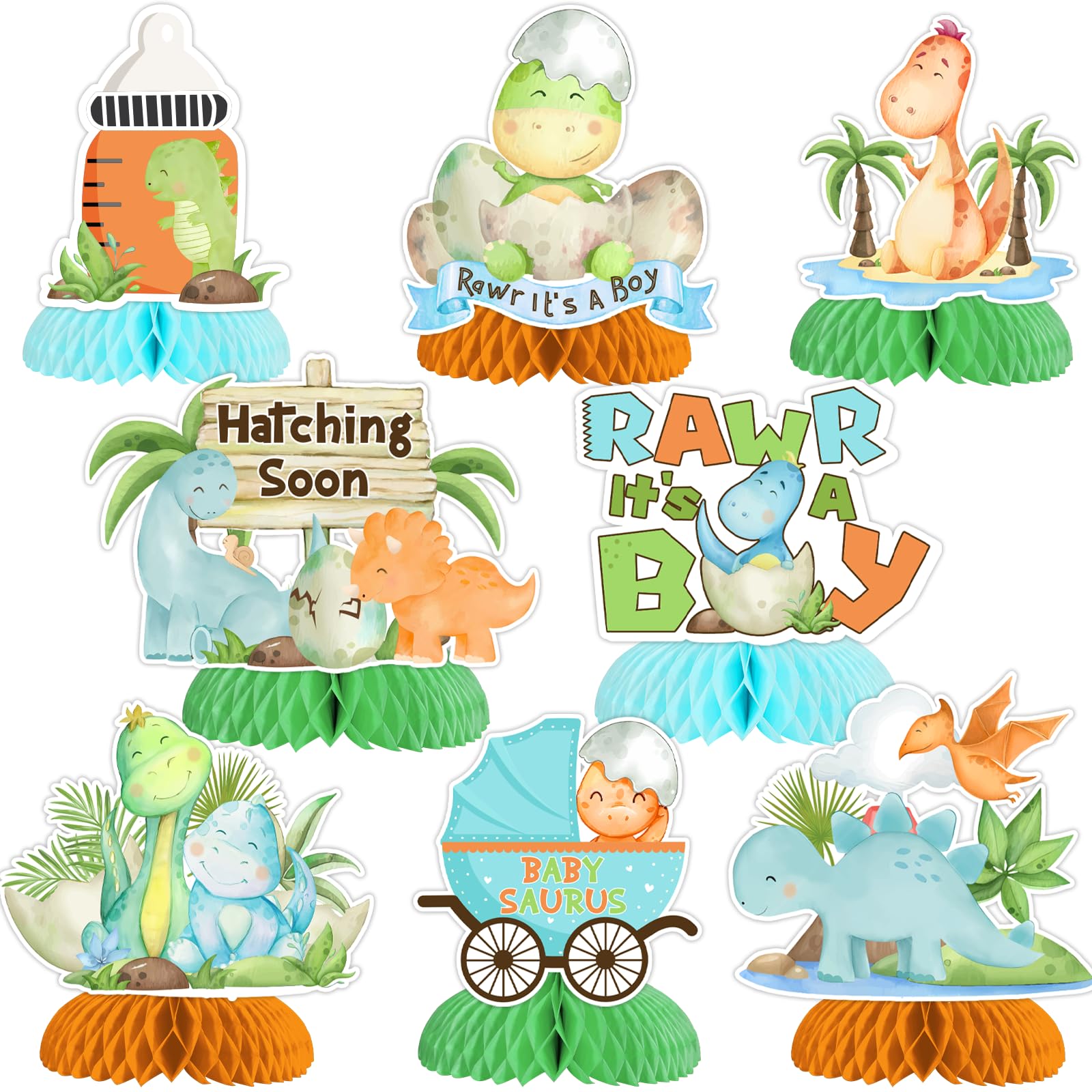 JOYMEMO 8 Pieces Dinosaur Baby Shower Honeycomb Centerpieces for Boys, Hatching Soon Baby Shower Table Decorations, Rawr Its A Boy Dinosaur Themed Party Supplies