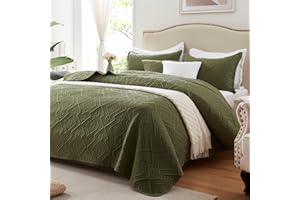 LEAONME Full/Queen Quilt Set 3 Pieces, Lightweight Olive Green Bedspread-90''x98'', Soft Microfiber Summer Quilt/Coverlet, Luxurious Warm Bedding Sets for All Seasons (Includes 1 Quilt, 2 Shams)