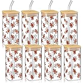 Bokon 8 Pcs Christmas Square Glass Cups with Lids and Straws 17oz Christmas Gingerbread Man and Women Square Glasses Drinking Cocktail Coffee Cups Jar Water Home Xmas Decoration Gifts