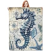 VANZEV Sea Horse Blanket,Vintage Ocean Animal Theme Flannel Throw Blankets,Soft Warm Lightweight Cozy Plush Nautical Seahorse Throws for Bedroom Sofa Home Decor Gifts for Women Girls 50"x60"