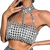 KRICESSEEN Sexy Women Bling Hater Crop Top Cut Bustier Rhinestone Corset Chain Festival Concert Tank Top