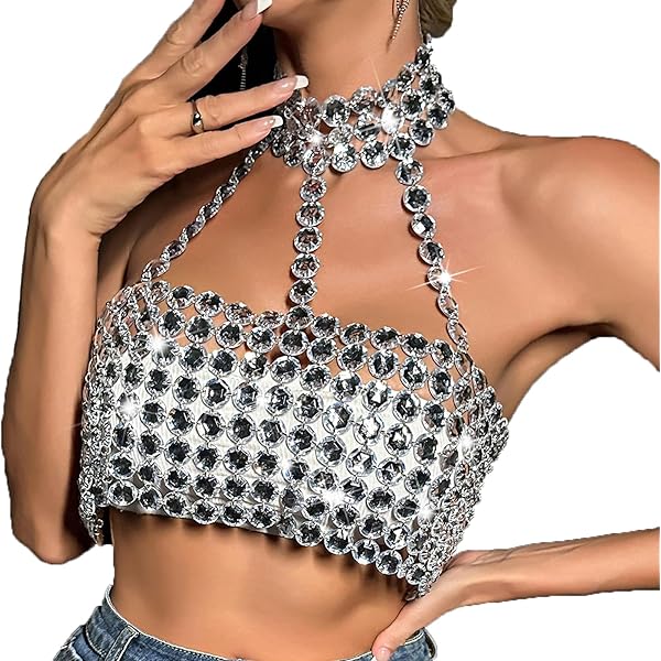 BODIY Women Sparkly Rhinestone Halter Crop Top Silver Body