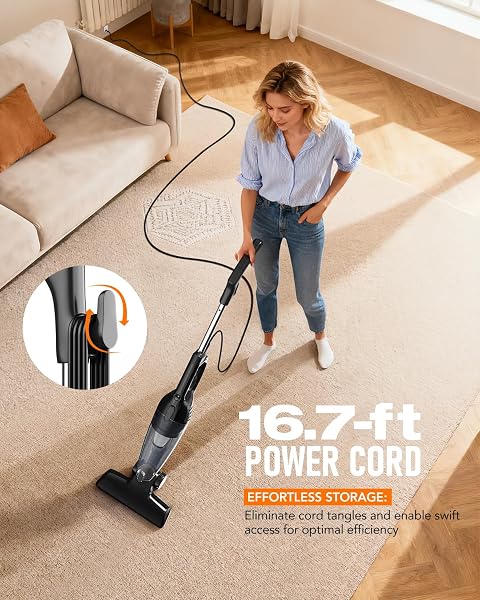 AVVNEE CORDED STICK VACUUM CLEANER, 15000PA STRONG SUCTION 600W MOTOR, ULTRA-LIGHT 3 LBS BAGLESS VACUUM FOR HARD FLOORS, LOW-PILE RUGS & PET HAIR, CREVICE TOOL, 1L DUST CUP, 16.7FT CORD (BLACK)