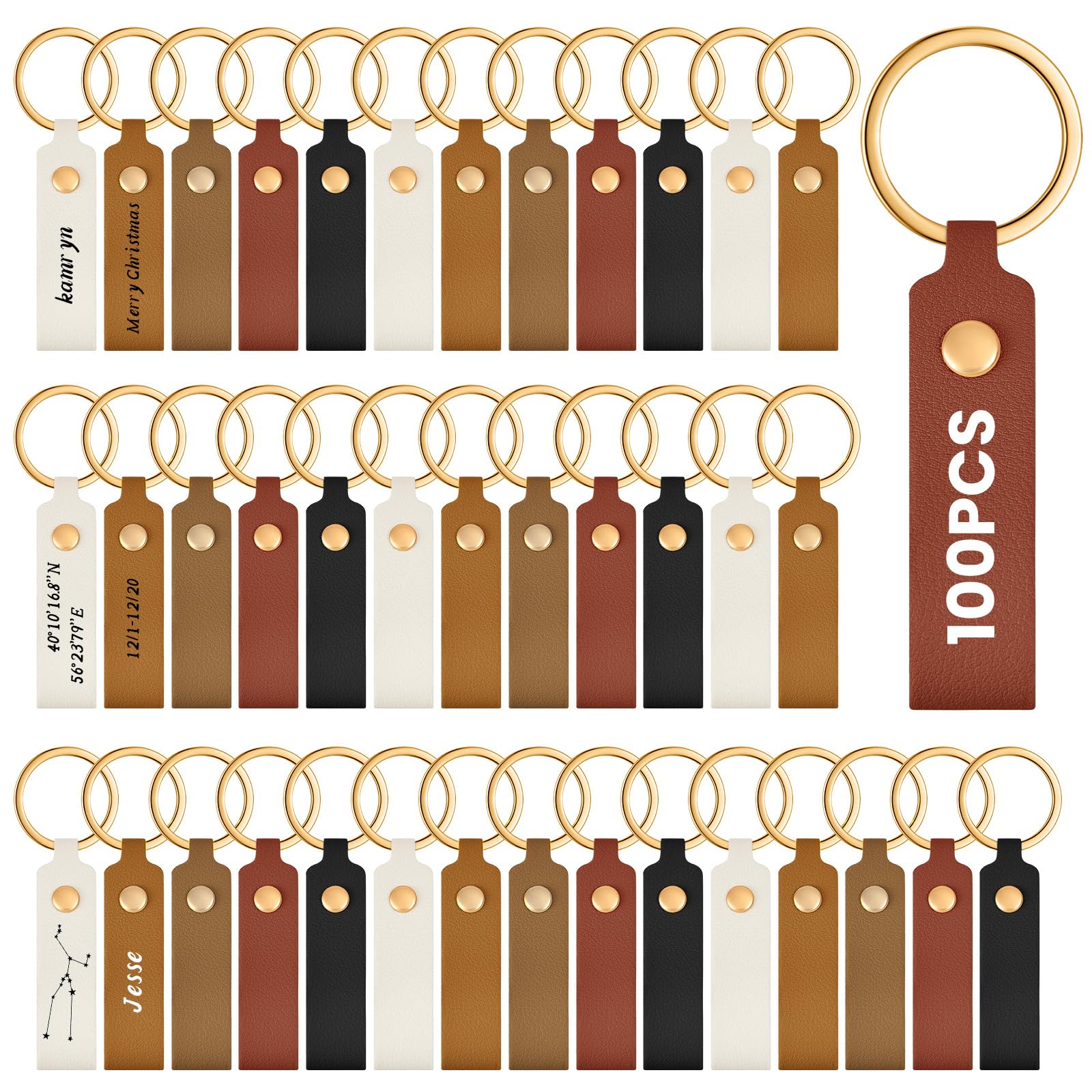 Photo 1 of Wavyknot 100 Pcs PU Leather Keychain Blanks Bulk Laser Engraving Blanks Keychain Kit with Key Rings for DIY Key Chains Craft(3.7 x 0.7 Inches,Colorful)