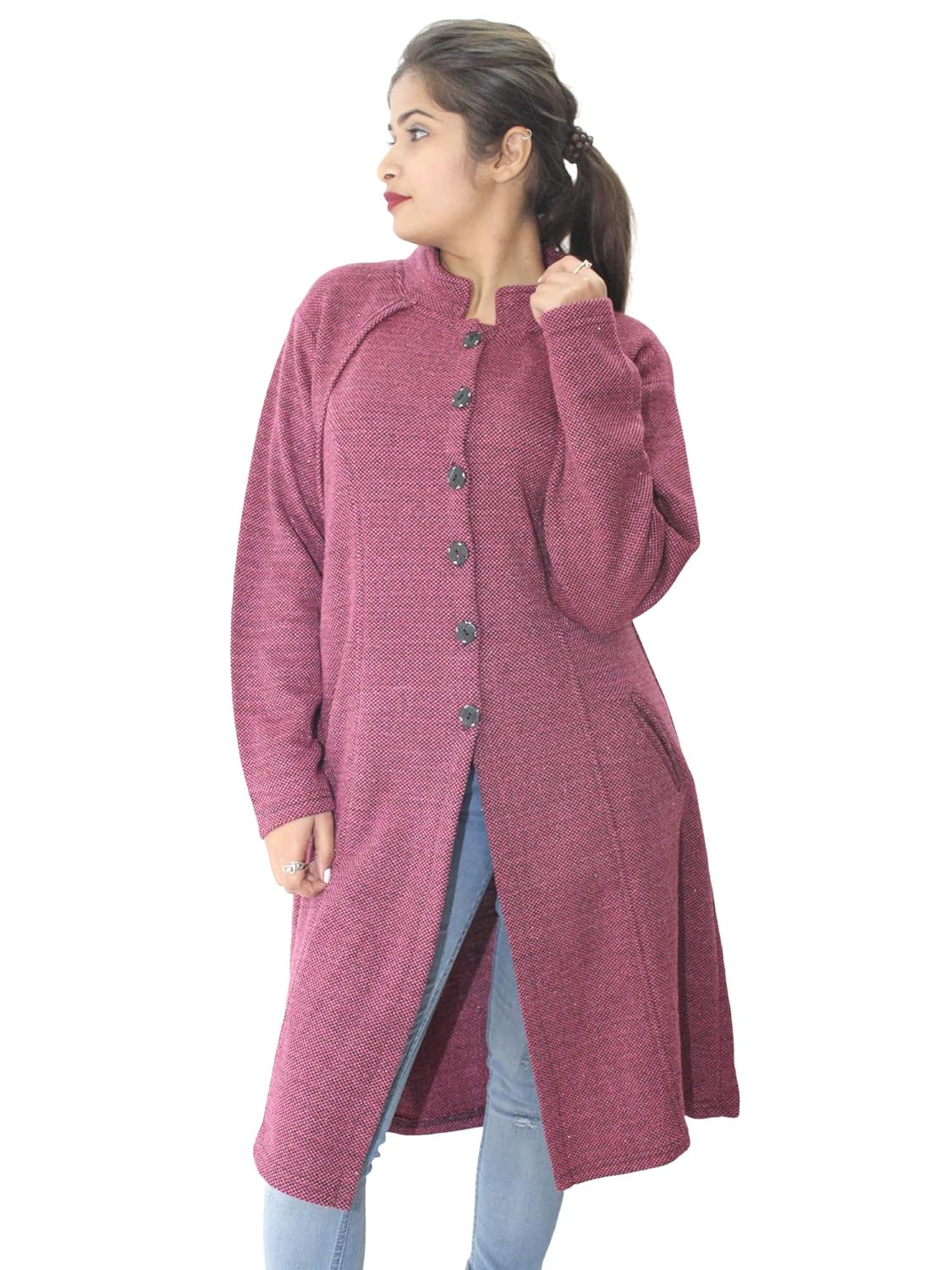 matelco women's woollen brown button long coat with pockets