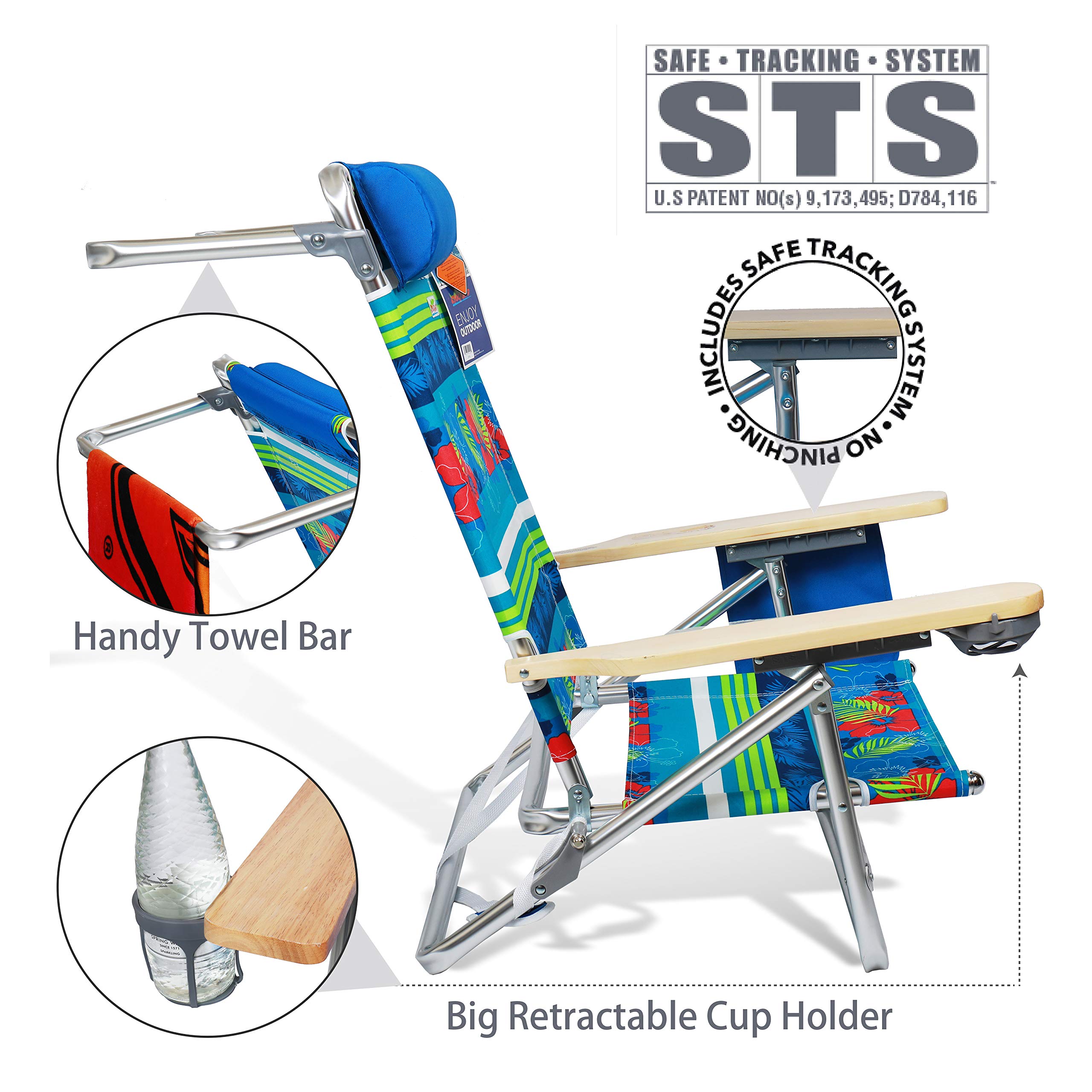 690GRAND Best Folding Beach Chair 5 Position Lay Flat Reclining with