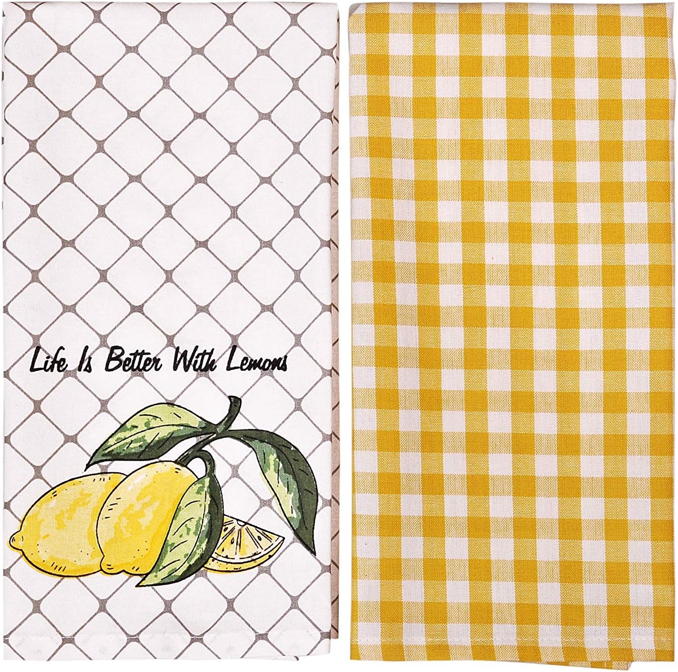Yourtablecloth Decorative Dish Towels Ideal Cotton Tea Towels, Kitchen Dish Towels, or General Purpose Kitchen Towels 100% Cotton Set of 2 Lemon and Plaid