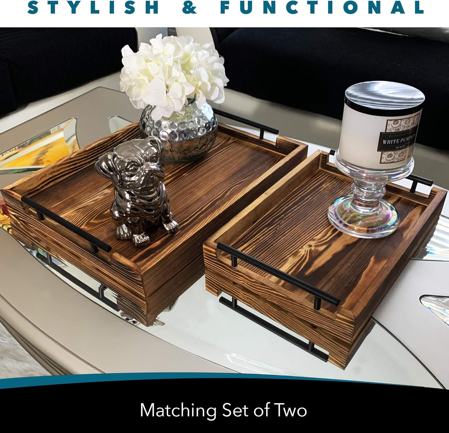  | Serving Tray Set of 2 by East World (Large 17"x13" and Medium 13"x9", Torched Light Black): Serving Trays