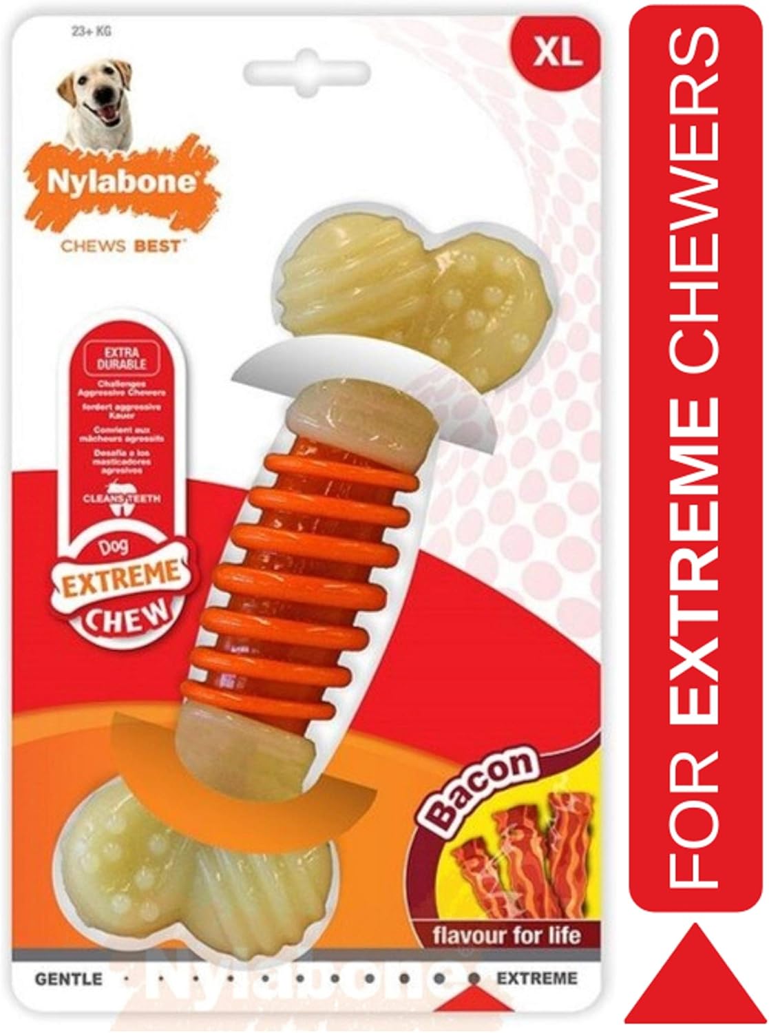 Nylabone Extreme Tough Pro Action Dog Chew Toy, Cleans Teeth, Bacon Flavour, XL, for Dogs Over 23 kg, Orange/Cream - Image 3