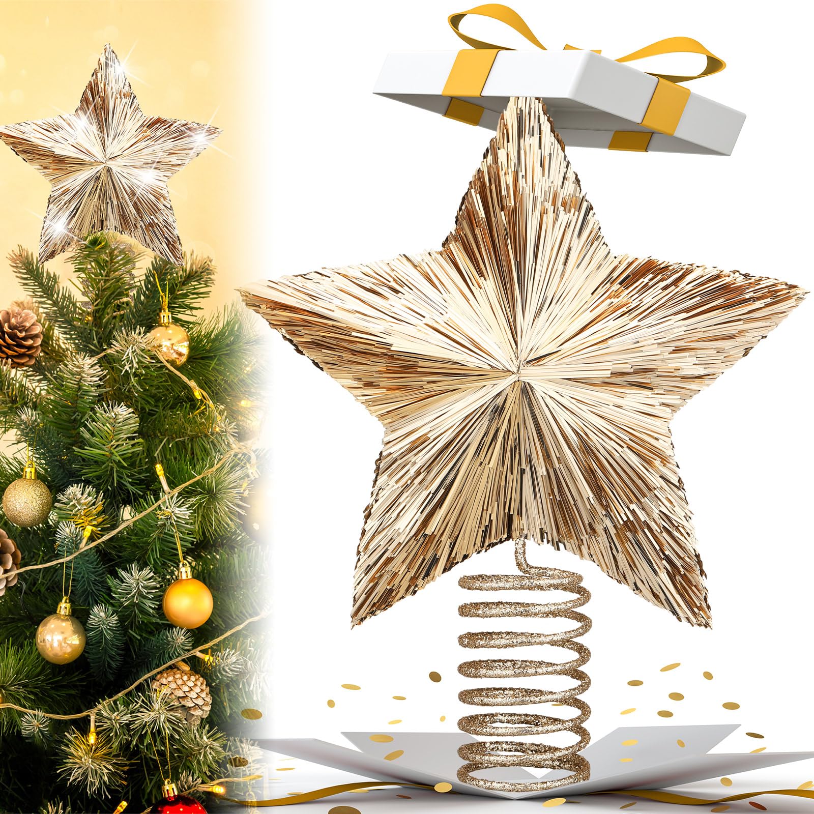 Photo 1 of Gejoy 8.2 Inch Champagne Christmas Star Tree Topper Large Gold Bethlehem Star Topper with Glitter Sequin Xmas Holiday Ornament Decoration for Christmas Tree