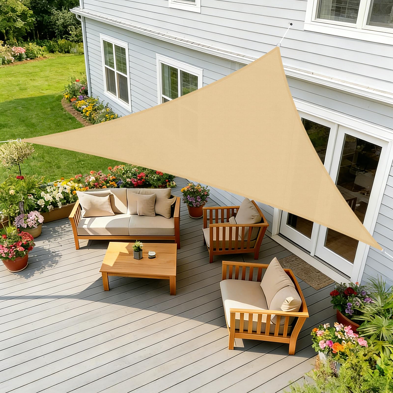 HENG FENG Sun Shade Sail Triangle 3x3x3m Waterproof PES Polyester Canopy Awning Sunscreen with 95% UV Block for Outdoor Patio Garden Sand