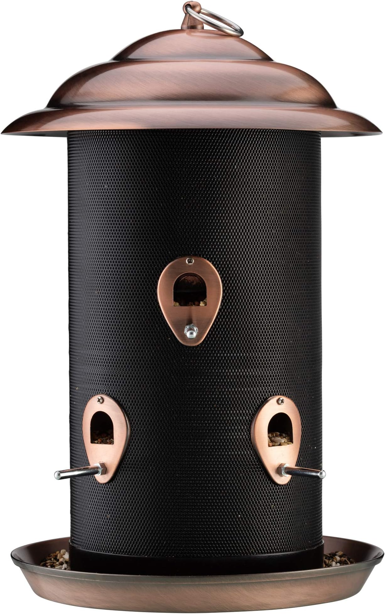 Happy Beaks Copper Finish Seed Feeder with Six Ports for Wild Garden Birds, with Easy to Fill Lid & Feeding Tray
