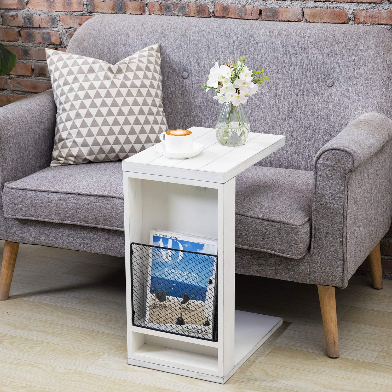 MyGift Vintage White Slatted Boards Style C-Table/Side Sofa Table with Rustic Metal Wire Magazine Holder Slot: Furniture & Decor
