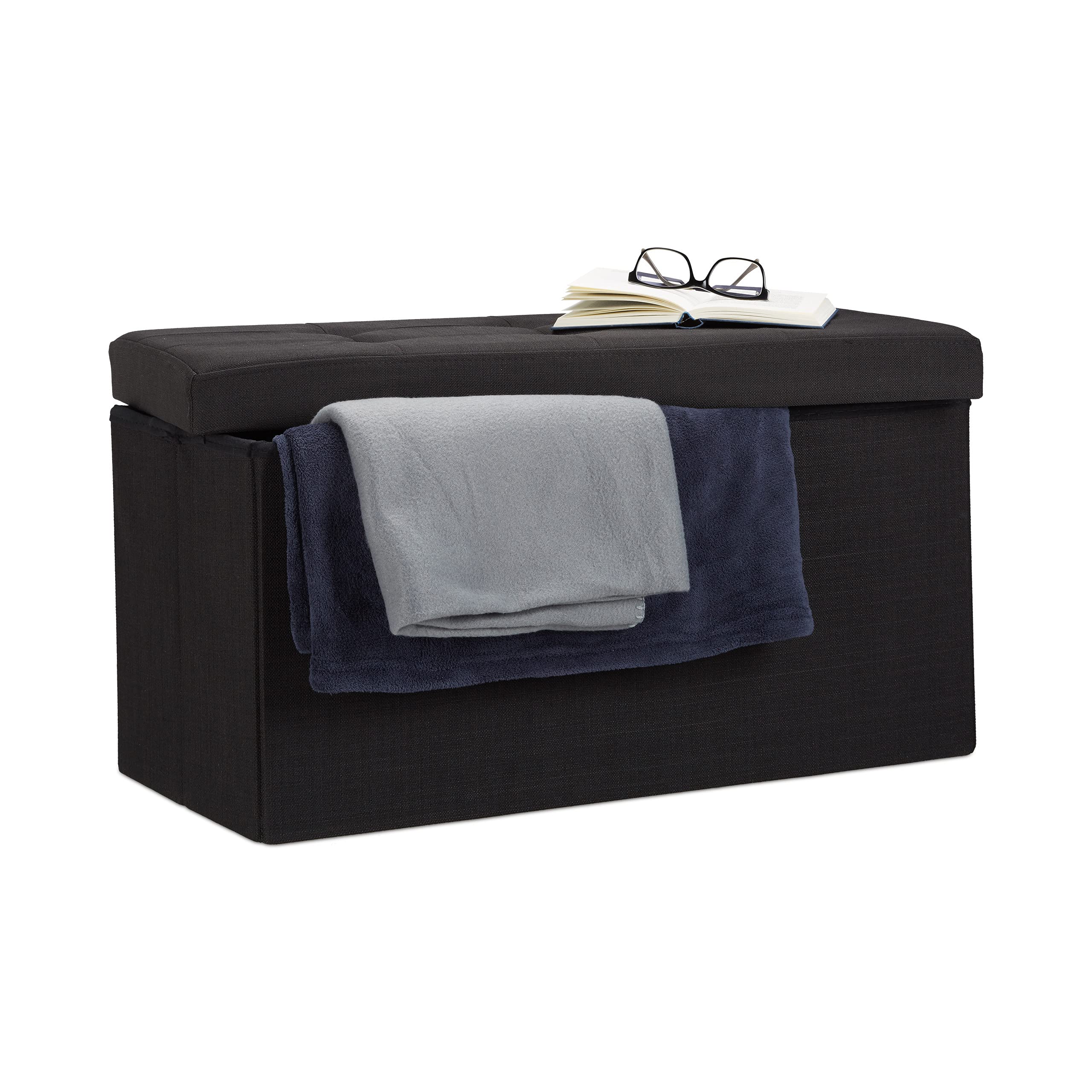 Relaxdays Folding Ottoman Storage Bench XL 38 x 76 x 38 cm Sturdy Foldable Foot Stool Box Bench with Removable Lid, Black