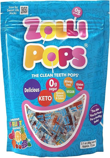 ZOLLIPOPS CLEAN TEETH LOLLIPOPS – ANTICAVITY SUGAR FREE CANDY FOR A HEALTHY SMILE GREAT FOR KIDS, DIABETICS AND KETO DIET. NATURAL FRUIT VARIETY, 3.1 OUNCE