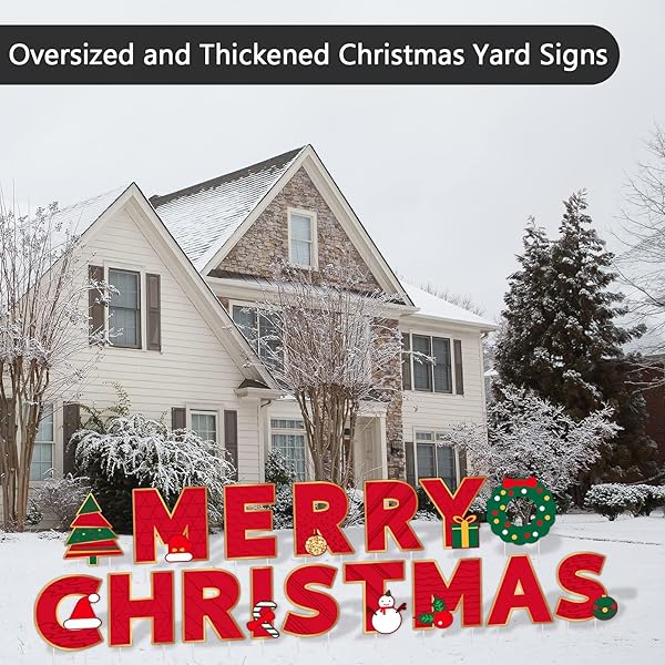 FOVTHS GIANT 18 INCHES RED MERRY CHRISTMAS LARGE LETTER YARD SIGN PLASTIC WATERPROOF YARD SIGN LARGE HOLIDAY LAWN SNOW SIGN DECOR WITH STAKES FOR CHRISTMAS HOLIDAY OUTDOOR LAWN DECOR