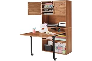 DWVO Sewing Craft Table with Storage, Craft Armoire with Fold-Out Table and USB Power Outlets, Large Capacity Sewing Cabinet with Adjustable Shelves for Home or Studio