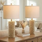 BOBOMOMO Boho Lamps Set of 2, 25.5" Coastal Farmhouse Bedside Lamps, Resin Woven Rattan-Look Nightstand Lamps with Linen Shade &amp; Rotary Switch for Bedroom Living Room Home Decor