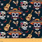 Sugar Skull Upholstery Fabric by The Yard, Mexican Halloween Skull Guitar Reupholstery Fabric for Chairs, Exotic Skeleton Room Decorative Fabric for Outdoor and Home DIY Projects, 1 Yard, Red Orange