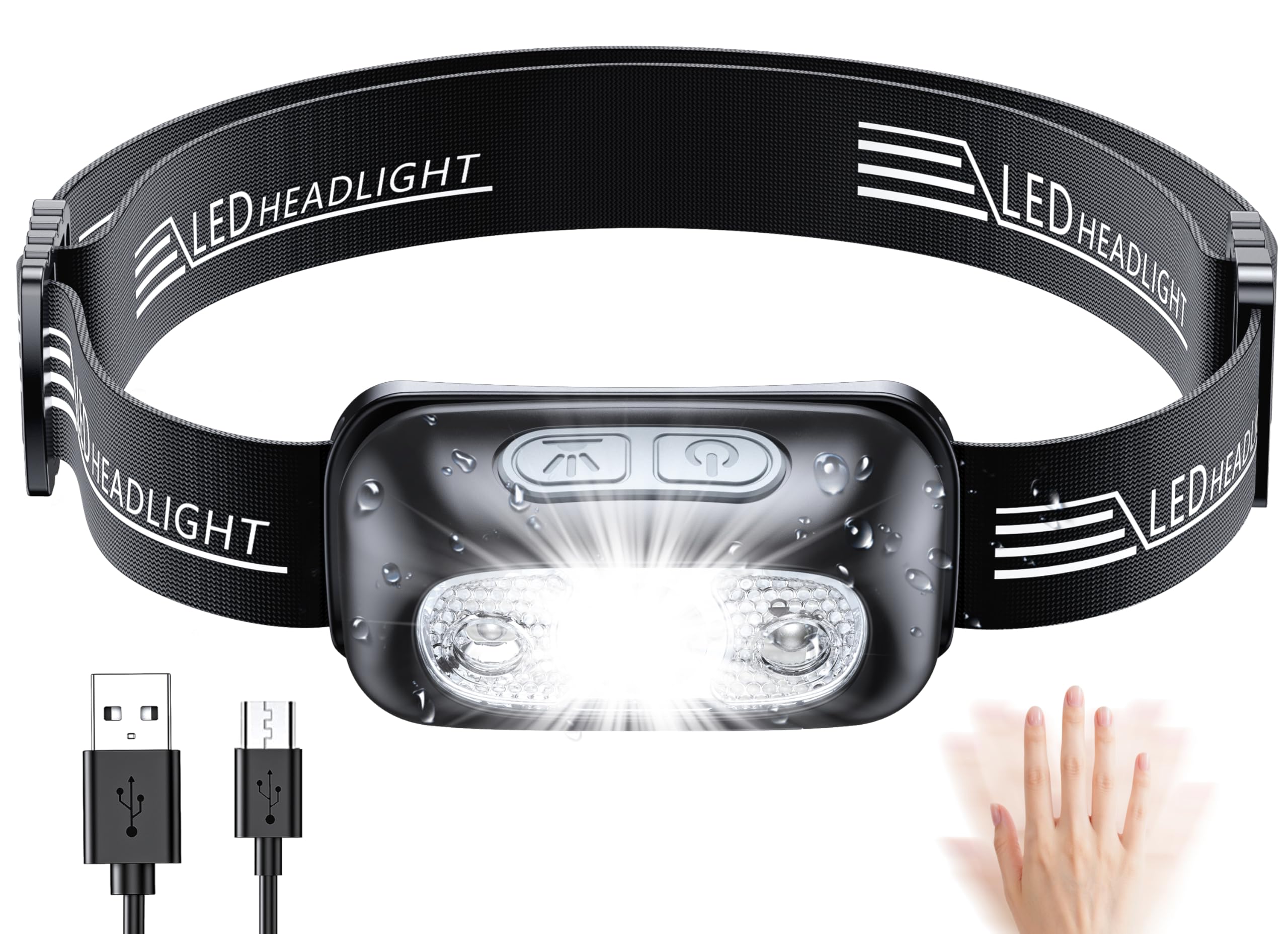 Babacom Head Torch, Rechargeable Super Bright LED Headlamp-250 Lm, Motion Sensor, IPX6 Waterproof, 5 Light Modes, Adjustable Angle & Strap, Led Head Torch for Running Camping Hiking Fishing