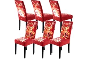 CZL 6 PCS Christmas Dining Chair Covers, Stretch Removable Washable Dining Room Chair Protector Slipcovers, Santa Claus Deer Kitchen Chair Cover, Slipcovers Protector for Xmas Holiday Party Home Décor
