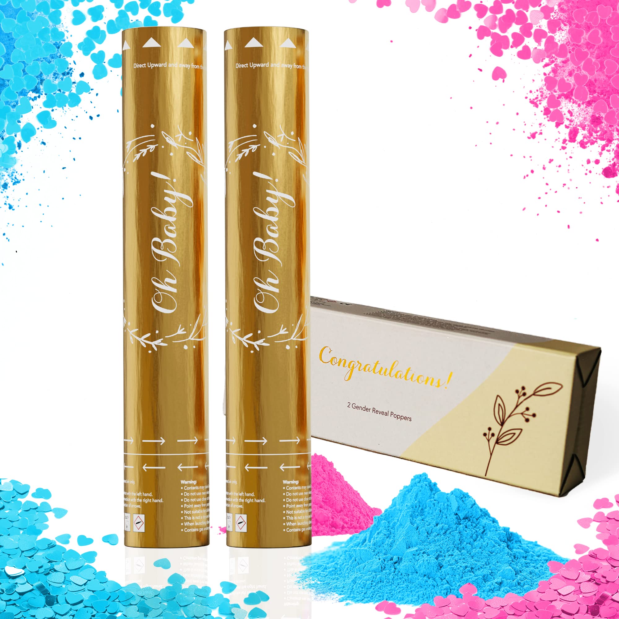 Team Planet Gender Reveal Confetti Cannon - Set of 2 Vibrant Colour Safe Powder Smoke & 100% Biodegradable Confetti Tissue Air Cannon for Baby Girl Boy Gender Reveal Party - 1 x Pink & 1 x Blue