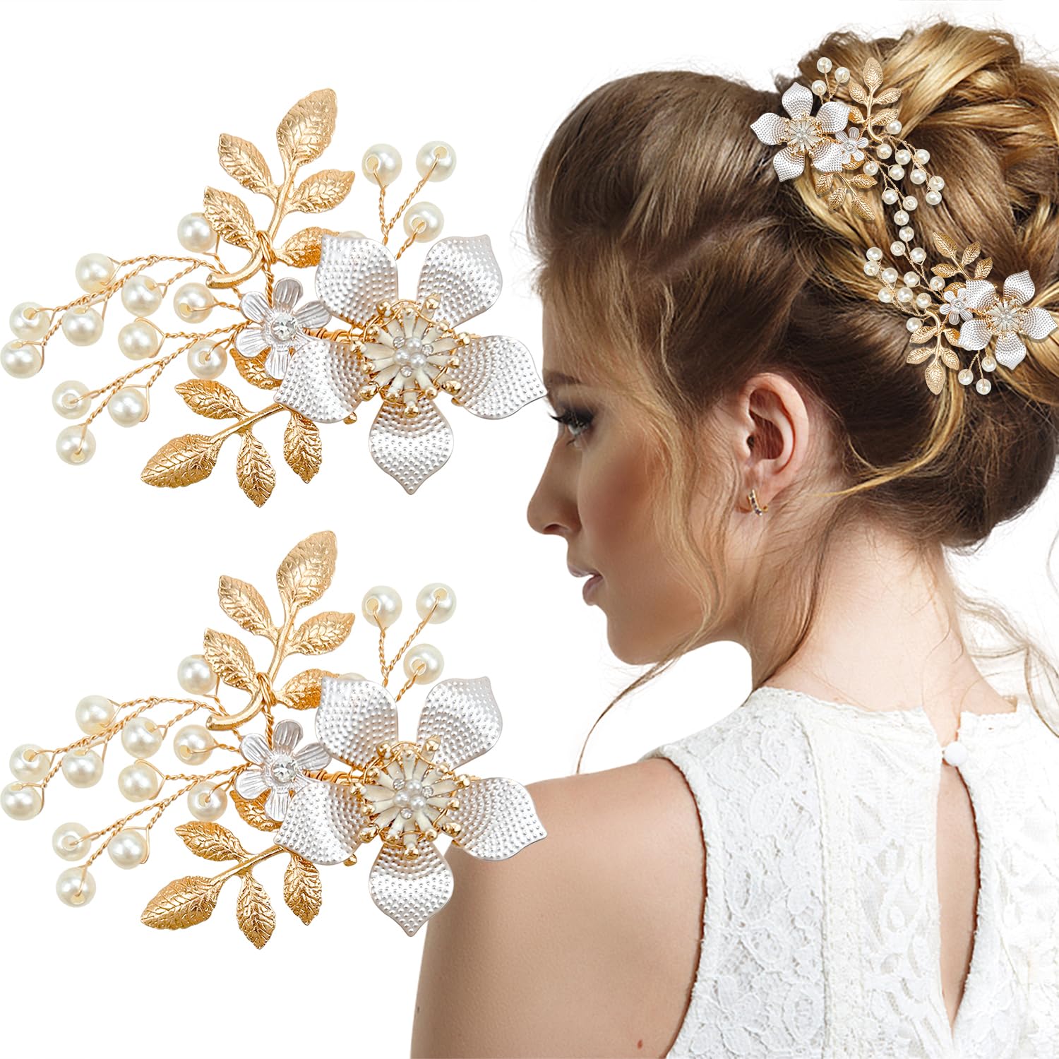 2PCS Gold Bride Wedding Headpiece,Pearl Leaves Hair Pins Accessories,Vintage Golden Leaf Hairpin,Bridal Hair Clips for Women and Girls (Gold)