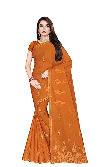Womens pure Embroidered cotton saree without blouse piece (EMB_Mustard_Malmal)