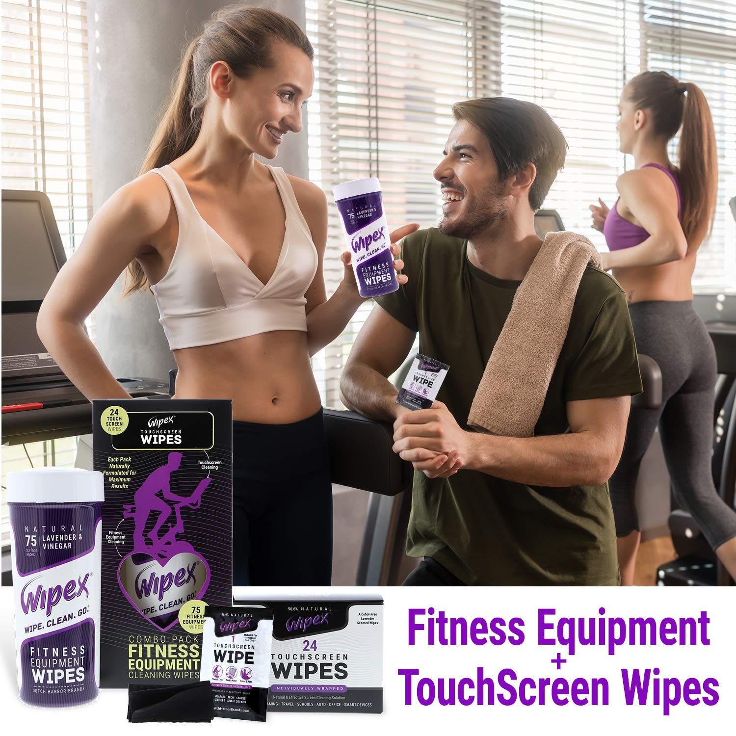 Wipex Screen Wipes & Gym Wipes Combo Pack - 75ct Gym Equipment Wipe Canister & 24ct Individually Wrapped Fitness Touch Screen Sachettes, Safe for Yoga Mats & Electronics, Lavender Scent