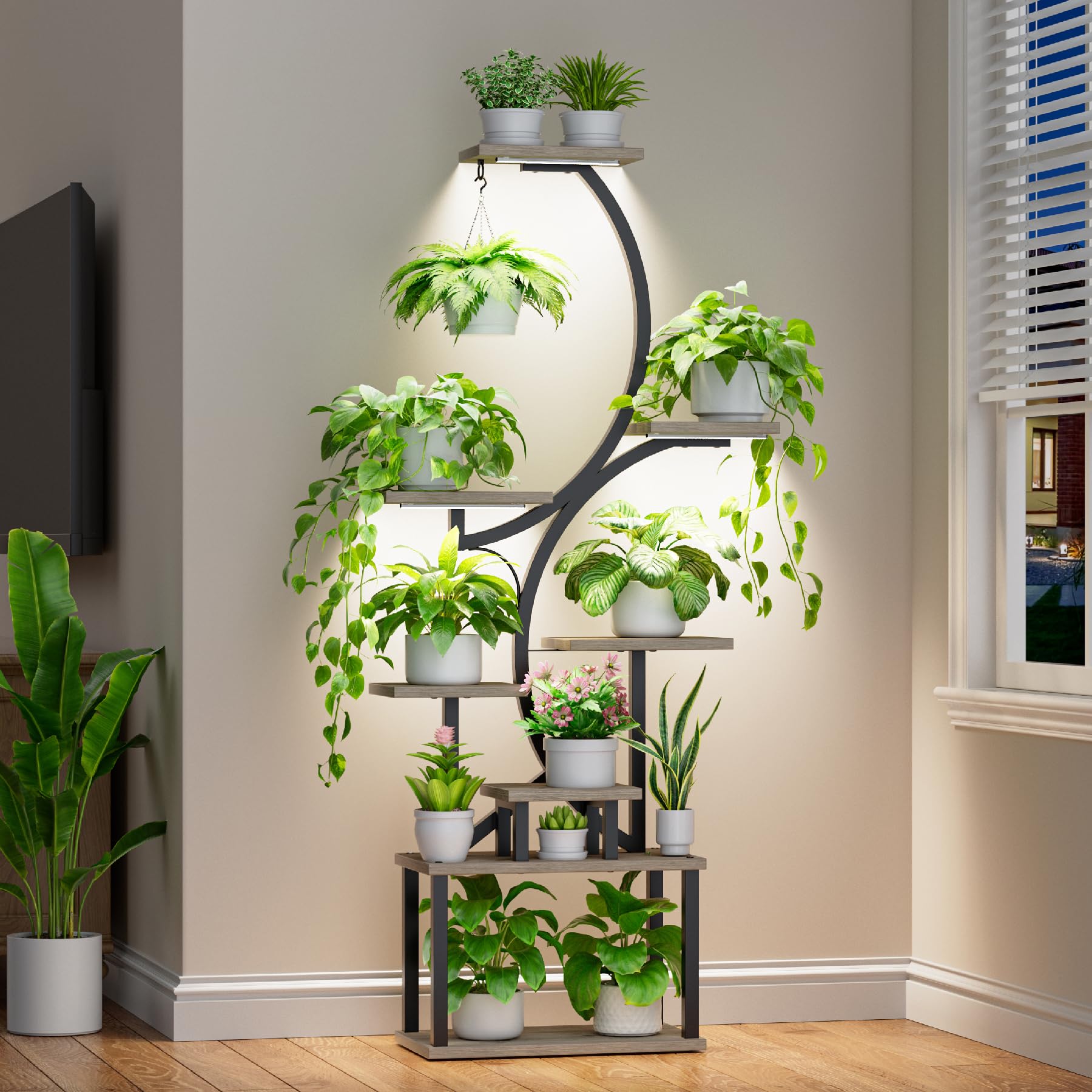 Plant Stand Indoor with Grow Lights - 62" Tall Plant Shelf, Lighted Corner Plant Stands for Indoor Growing, 8 Tiered Large Flower Holder, S-Shaped Decorative Rack for Living Room, Patent Design, Grey Image