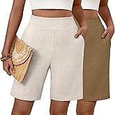 Huukeay 2 Pack Women's Linen Shorts Summer Casual Wide Leg Elastic Waistband Bermuda Shorts with Pockets