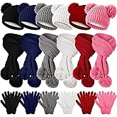 ShinyMatch 18 Pcs Kids Hat Gloves Scarf Winter Set, 6 Color for 5-10 Girl Boy Knit Beanie with Pom Fleece Neck Warmer Mittens