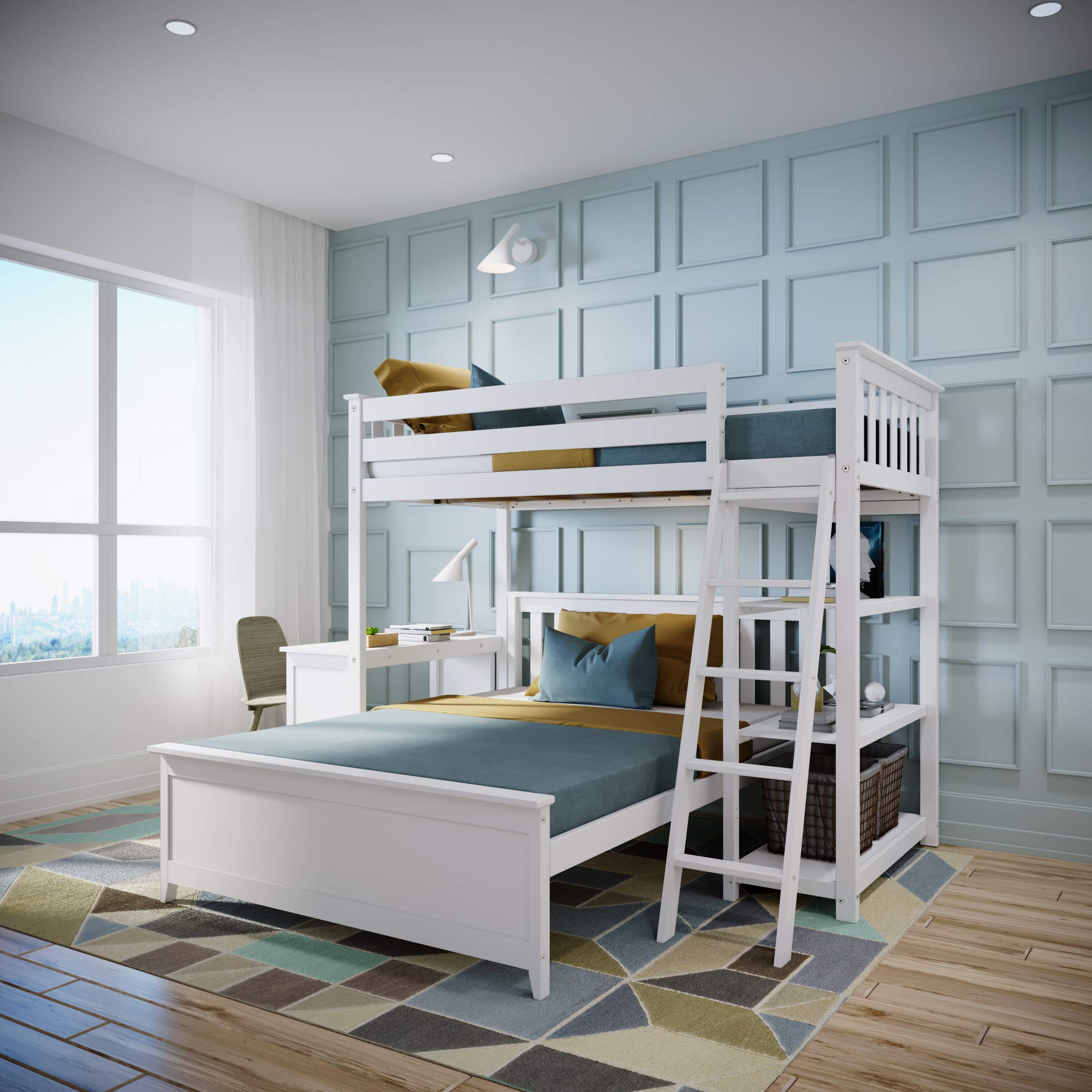 Max & Lily L Shape Twin Over Full with Bookcase + Desk, White (Box 1/2 only)